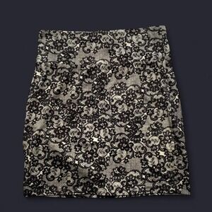 VTG 90s Y2k Charlotte Russe Black Cream Floral Lace Print Bodycon Mini Skirt L